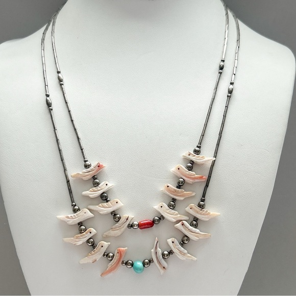 Vintage Southwestern Two Strand Fetish Turquoise Coral Sterling Silver Necklace - Picture 3 of 13